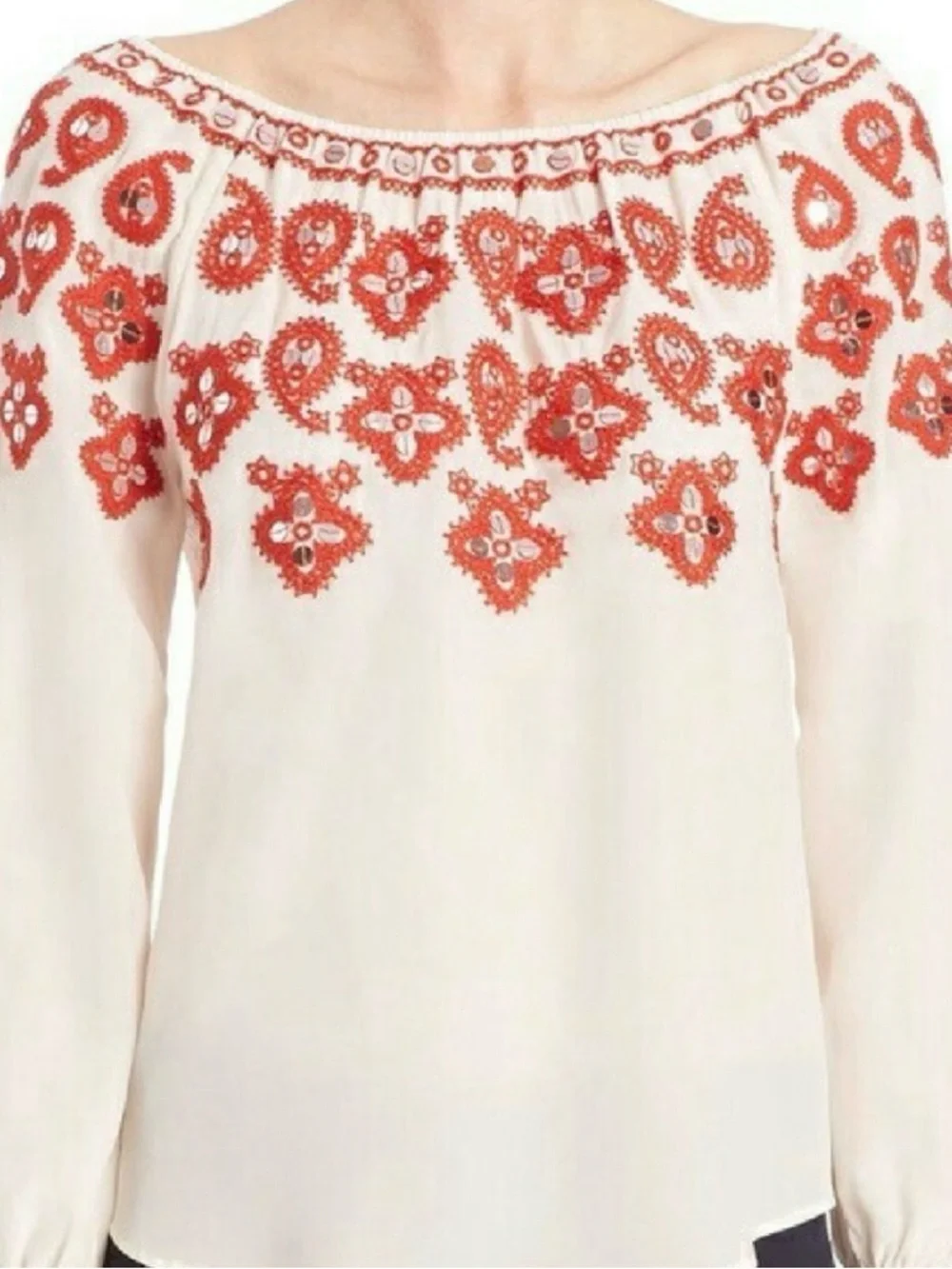 Tory Burch Cream Blouse with Red Embroidered Yoke